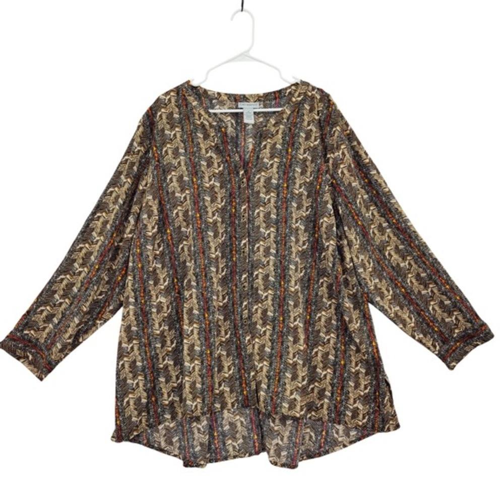 Catherines Womens Earthy Modest Chevron Boho Button Up Tunic Top 3X Blouse Brown